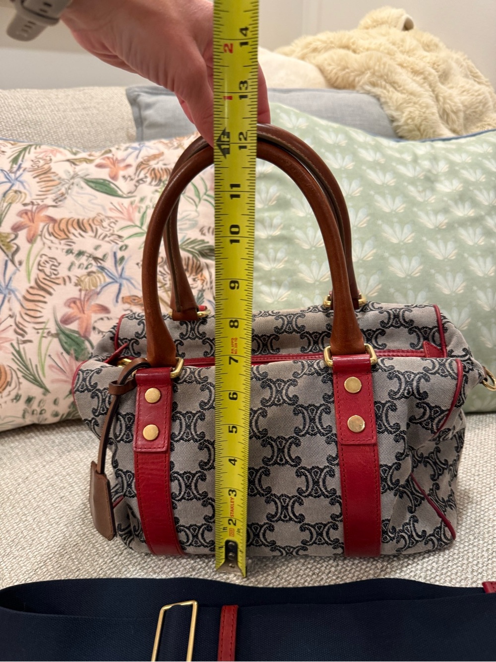 Vintage Celine Macadam Triomphe Boston Bag — Navy Blue & Red - Picture 14 of 16